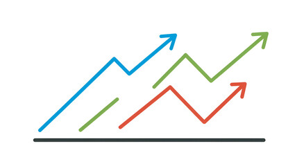 Three colored, upward-trending line graphs with arrows, against a black background