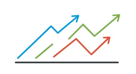 Three colored, upward-trending line graphs with arrows, against a black background