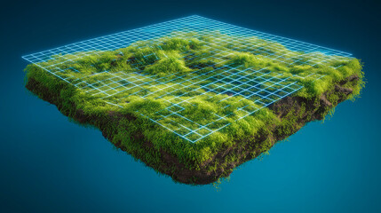 Abstract green digital hills formed by a textured grid landscape on a dark background.