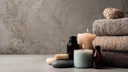 Relaxation Space With Towels and Essential Oils Perfect for Beauty Brand Packaging and Promotions for Relaxation Activities