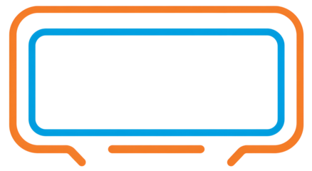 A stylized digital display featuring a black screen, framed in orange and blue