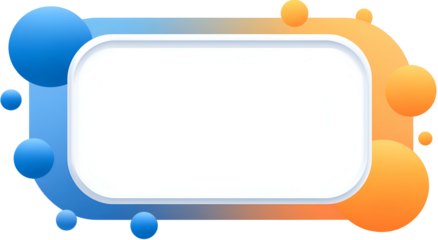 A stylized frame, white inside, surrounded by blue and orange gradient bubbles, on black