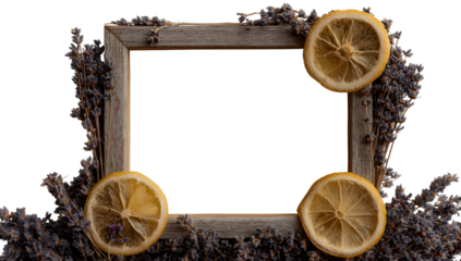 A wooden picture frame adorned with lavender and lemon slices
