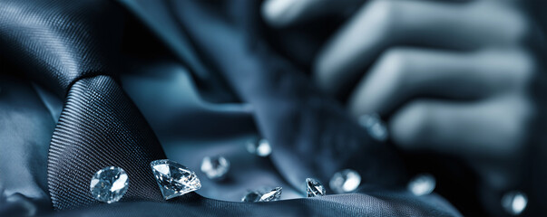 Man adjusting tie on a sapphire silk background decorated with blurred floating crystals for a Valentines celebration