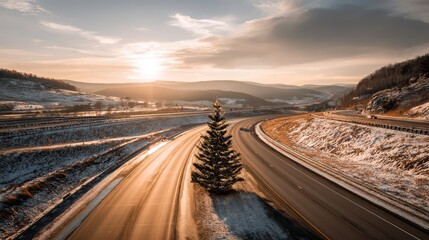 Winter highway with Christmas tree