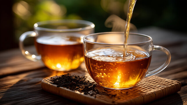 two transparent glass cups of black tea placed on a wicker table, close-up three-quarter angle, one cup already filled and the second c