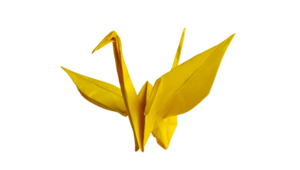 Isolated close-up of a vibrant yellow origami crane against a black background