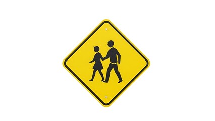 Yellow school crossing sign with black silhouettes of adult and child