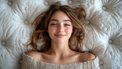 Content young woman with wavy brown hair, soft smile, lying on a plush, button-tufted bed surface