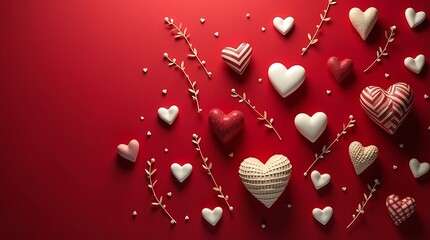 Valentine's Day Hearts and Branches on Red Background