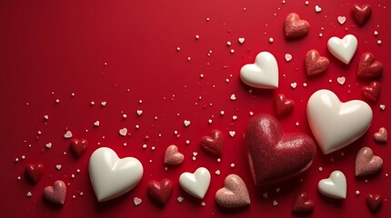 Red and White Heart Decorations on Red Background
