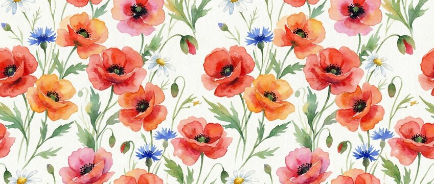 Watercolor seamless pattern with red poppies and blue cornflowers