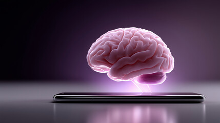 Ultra-realistic conceptual studio image of a human brain fused to a modern smartphone, centered minimal composition, anatomically detailed pink human brain with realistic folds and