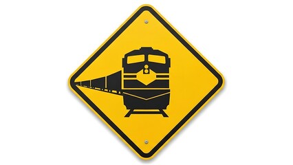 Warning sign for train crossing with black train on yellow background