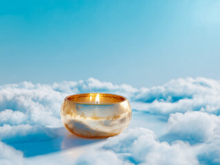 Lit candle in a small bowl resting on a soft cloud against a pastel blue background.