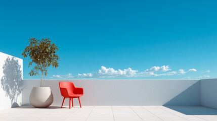 Minimal rooftop terrace with a red armchair, white walls, and a clear blue sky.