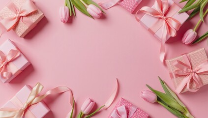 Presents and Flowers on a Pink Table Ready for a Celebration