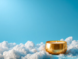 Lit candle in a small bowl resting on a soft cloud against a pastel blue background.