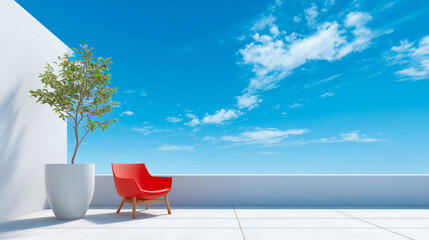 Minimal rooftop terrace with a red armchair, white walls, and a clear blue sky.
