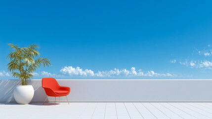 Minimal rooftop terrace with a red armchair, white walls, and a clear blue sky.