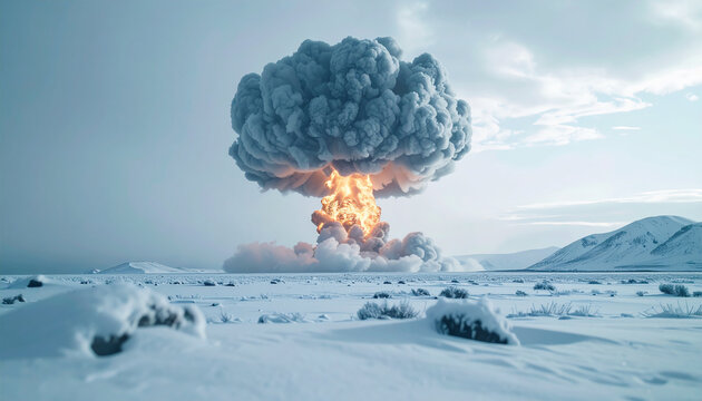 Nuclear explosion in snowy desolate landscape, massive mushroom cloud rising in the sky, powerful