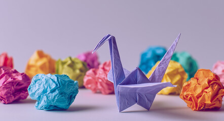 Colorful crumpled paper balls with an orange origami crane on a neutral background.