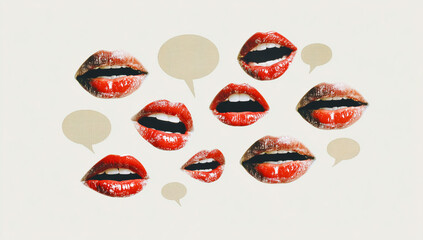 Red lips with speech bubbles on a light background representing communication and expression.