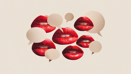 Red lips with speech bubbles on a light background representing communication and expression.