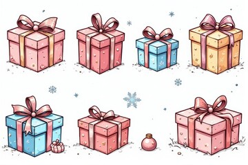 Elegant outline of various Christmas gift boxes, ready for coloring , decor, wrapping paper, holiday