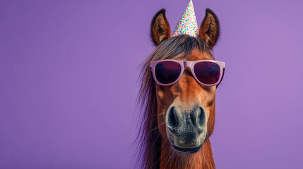 Horse wearing sunglasses and a party hat on a purple background.