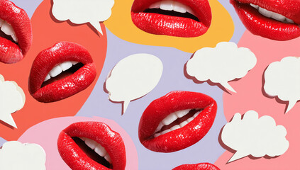 Red lips with speech bubbles on a light background representing communication and expression.
