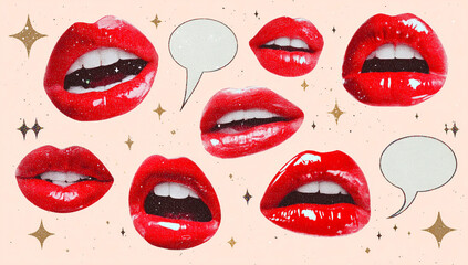 Red lips with speech bubbles on a light background representing communication and expression.