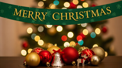 Merry Christmas Decoration with Lights and Ornaments