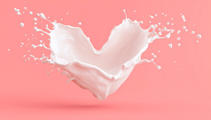 Heart-shaped milk splash on a soft pink background.