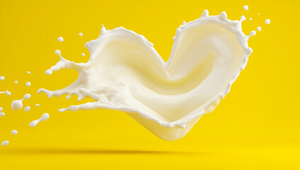 Heart-shaped milk splash frozen in motion on a bright yellow background.