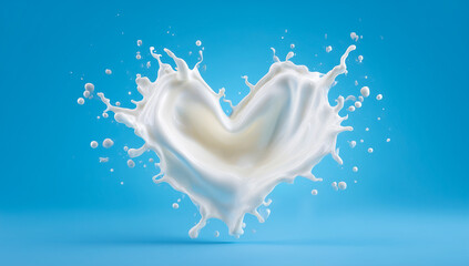 Heart-shaped milk splash frozen in motion on a blue background.