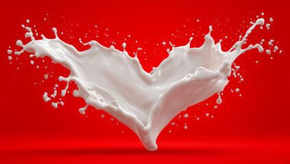 Heart-shaped milk splash frozen in motion on a bright red background.