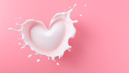 Heart-shaped milk splash on a soft pink background.
