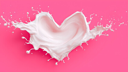 Heart-shaped milk splash on a soft pink background.