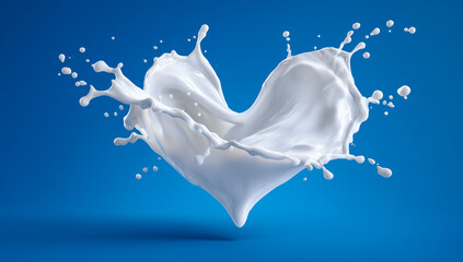 Heart-shaped milk splash frozen in motion on a blue background.