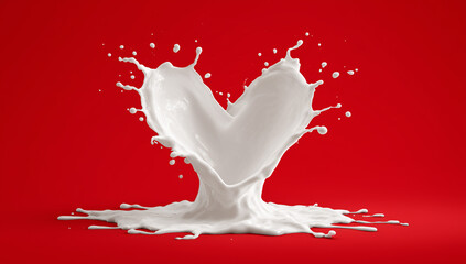 Heart-shaped milk splash frozen in motion on a bright red background.