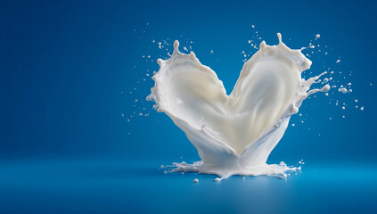 Heart-shaped milk splash frozen in motion on a blue background.