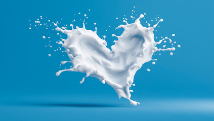 Heart-shaped milk splash frozen in motion on a blue background.