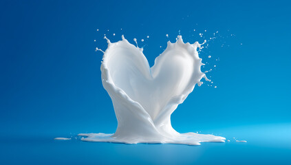 Heart-shaped milk splash frozen in motion on a blue background.