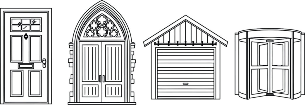 Set of 4 Door Styles outline front door with window arched church door garage door and revolving door