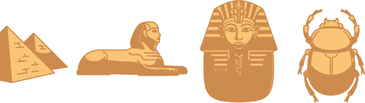 Set of 5 Ancient Egypt icons flat illustration pyramid sphinx pharaoh mask scarab beetle and ankh cross