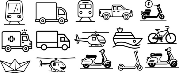 Modern Transportation Line Icon Set with Vehicles, Logistics, and Urban Mobility Symbols