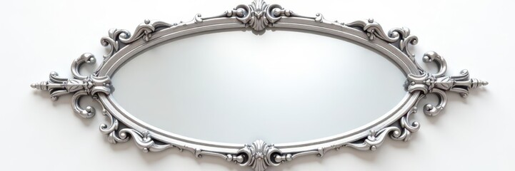 Elegant oval silver mirror, intricate frame White background , ornate, house decor