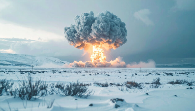 Nuclear explosion in snowy desolate landscape, massive mushroom cloud rising in the sky, powerful