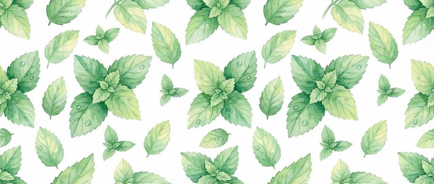 Watercolor Mint Leaf Seamless Pattern on White Background